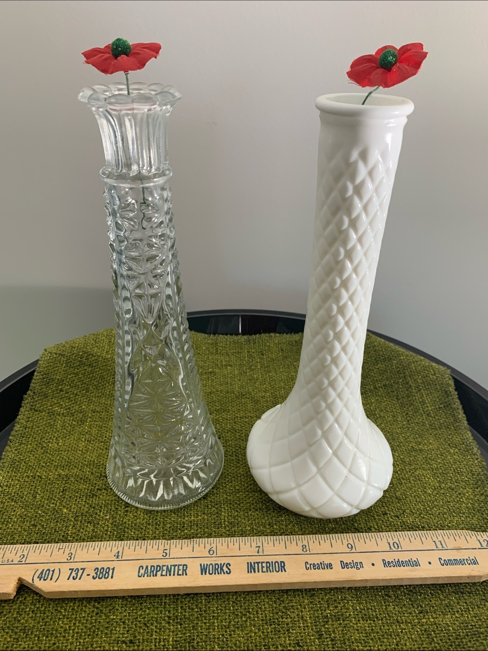 Anchor Hocking Clear & Hoosier Glass Milk White Pressed Glass Bud Vase Pair